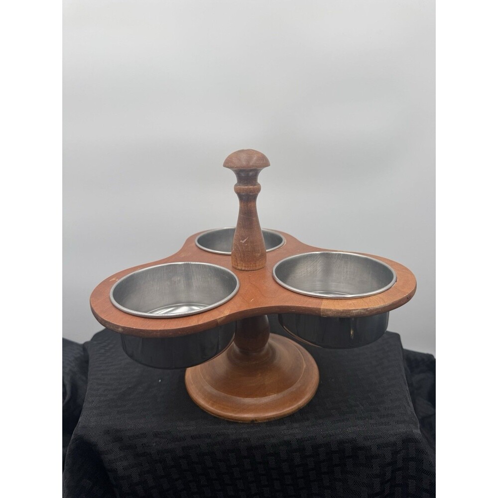 Wooden Condiment Stand with Three Stainless Bowl Inserts Vintage By Woodcraftery
